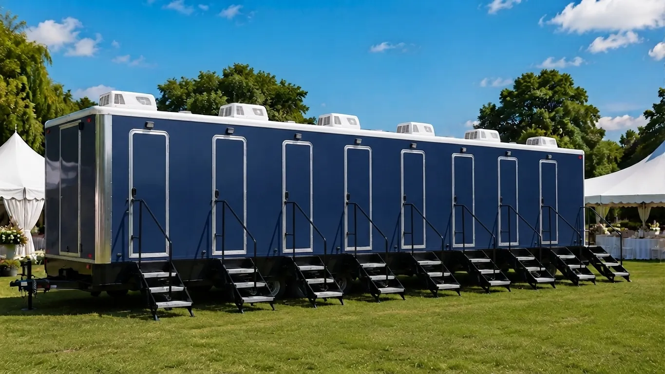 8 stall restroom trailer from our Maple Grove fleet